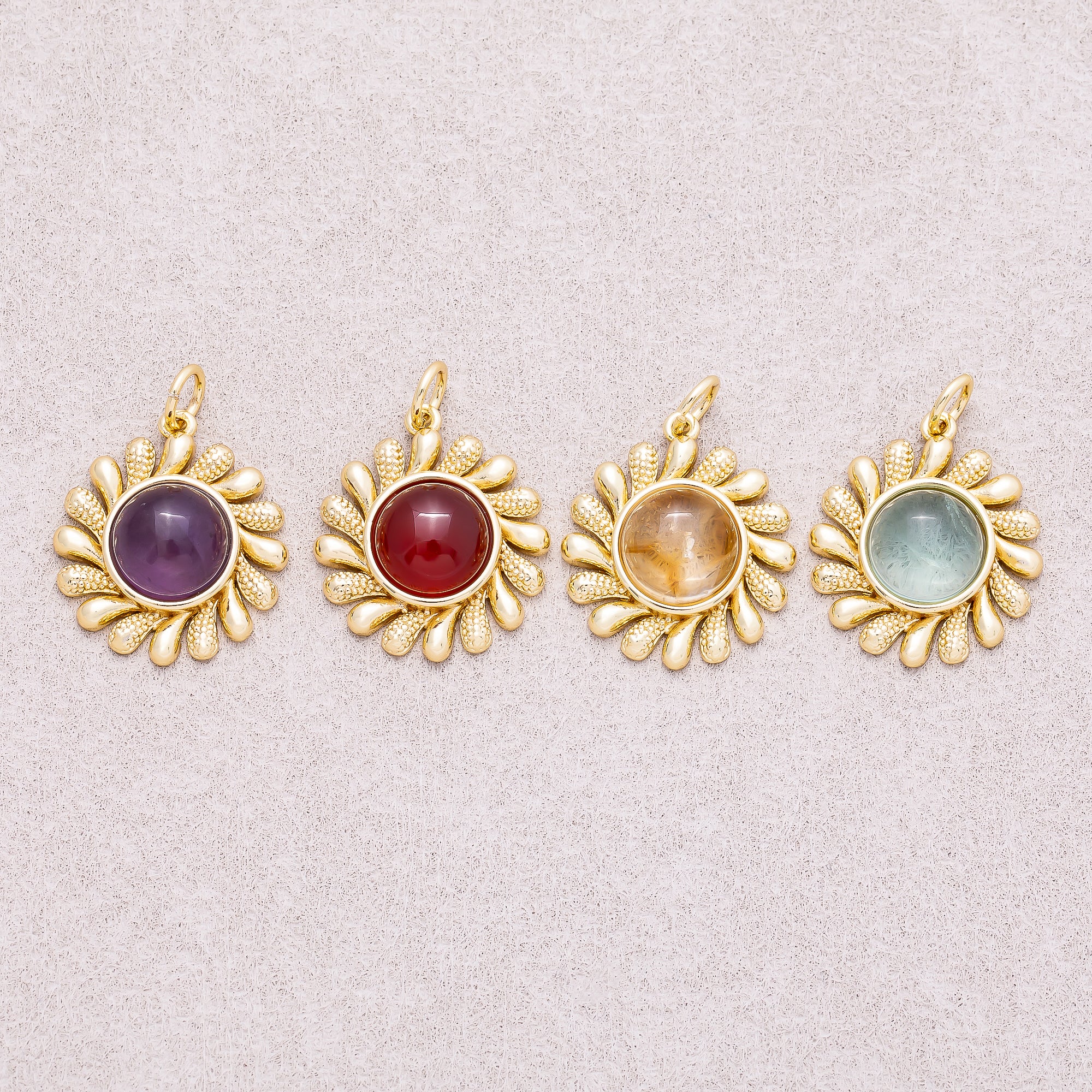 16K Gold Plated Colorful Natural Gemstone Textured Sunflower Charm - Sold Each