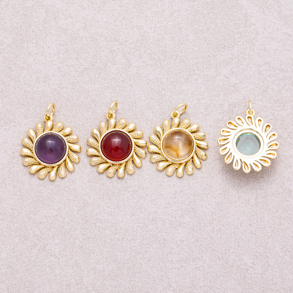 16K Gold Plated Colorful Natural Gemstone Textured Sunflower Charm - Sold Each