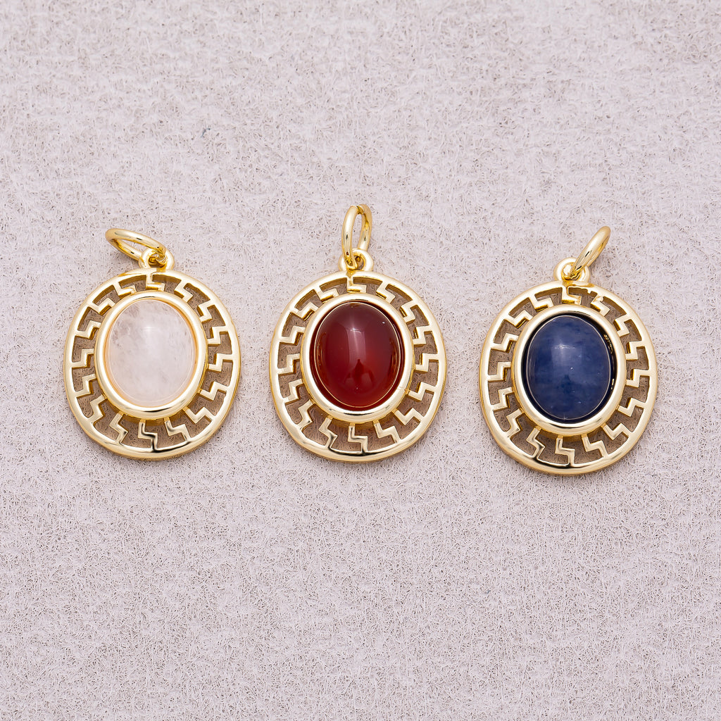 16K Gold Plated Colorful Natural Gemstone Filigree Oval Charm - Sold Each
