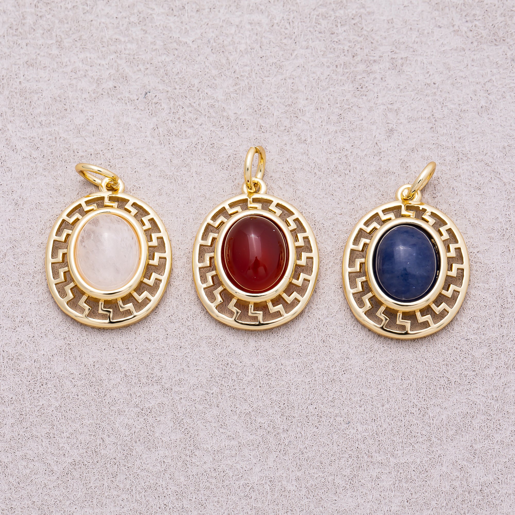 16K Gold Plated Colorful Natural Gemstone Filigree Oval Charm - Sold Each