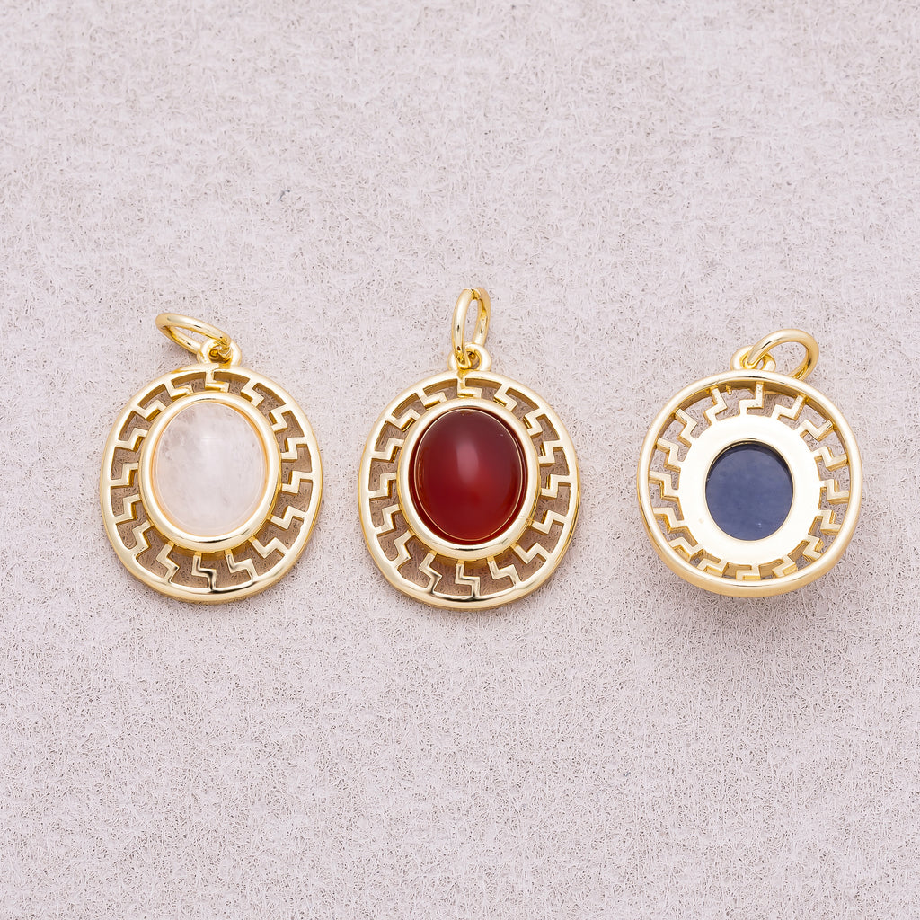 16K Gold Plated Colorful Natural Gemstone Filigree Oval Charm - Sold Each