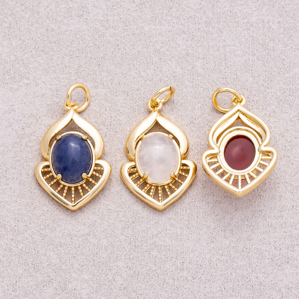 16K Gold Plated Colorful Natural Gemstone Lotus-Inspired Medallion - Sold Each