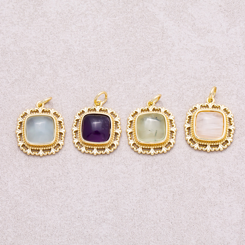 16K Gold Plated Colorful Natural Gemstone Filigree Square Charm - Sold Each