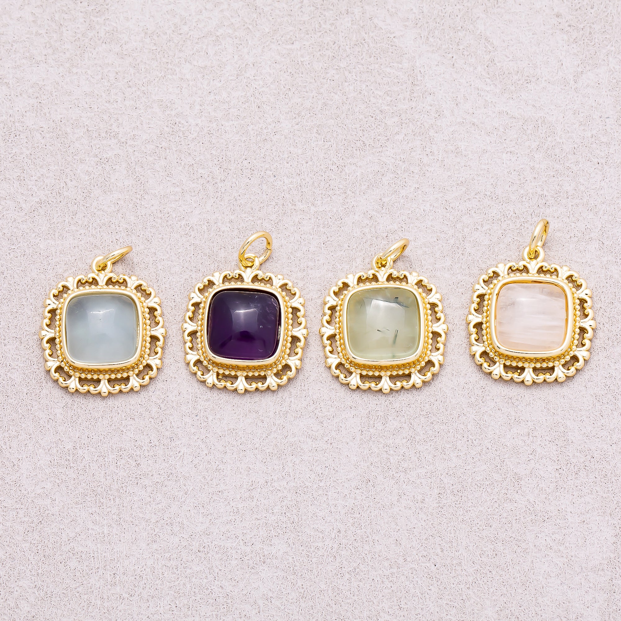 16K Gold Plated Colorful Natural Gemstone Filigree Square Charm - Sold Each