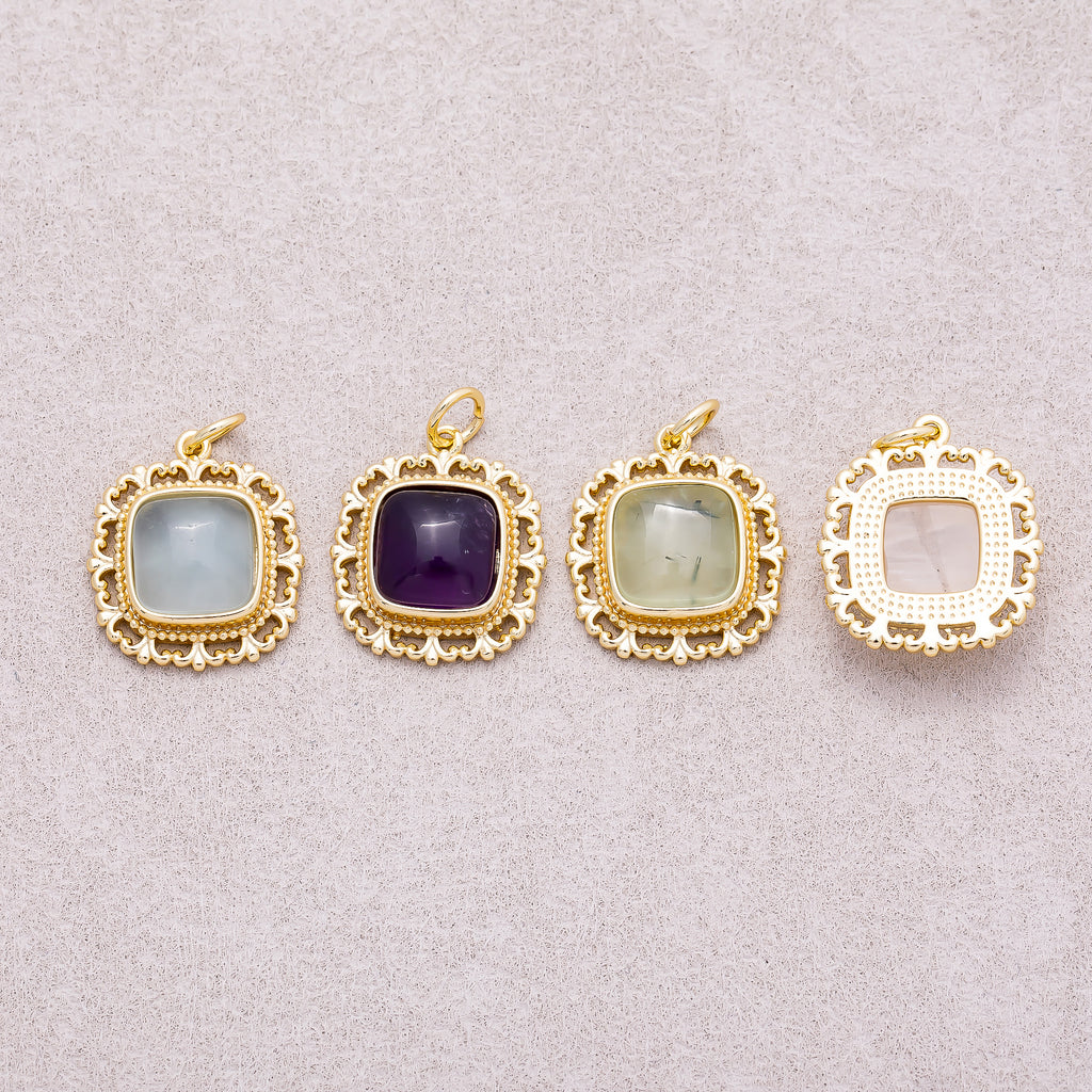 16K Gold Plated Colorful Natural Gemstone Filigree Square Charm - Sold Each