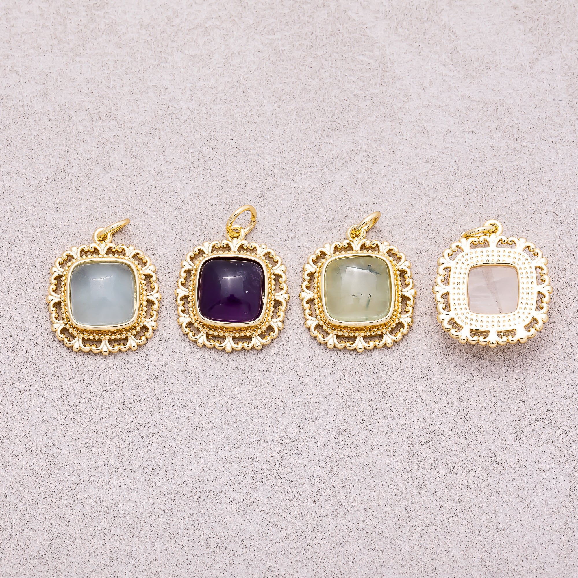 16K Gold Plated Colorful Natural Gemstone Filigree Square Charm - Sold Each