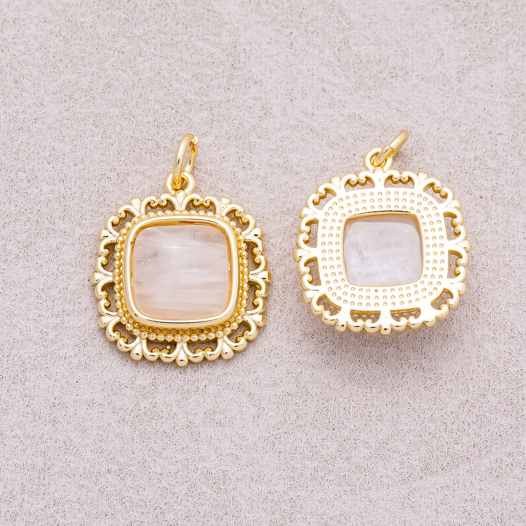 16K Gold Plated Colorful Natural Gemstone Filigree Square Charm - Sold Each