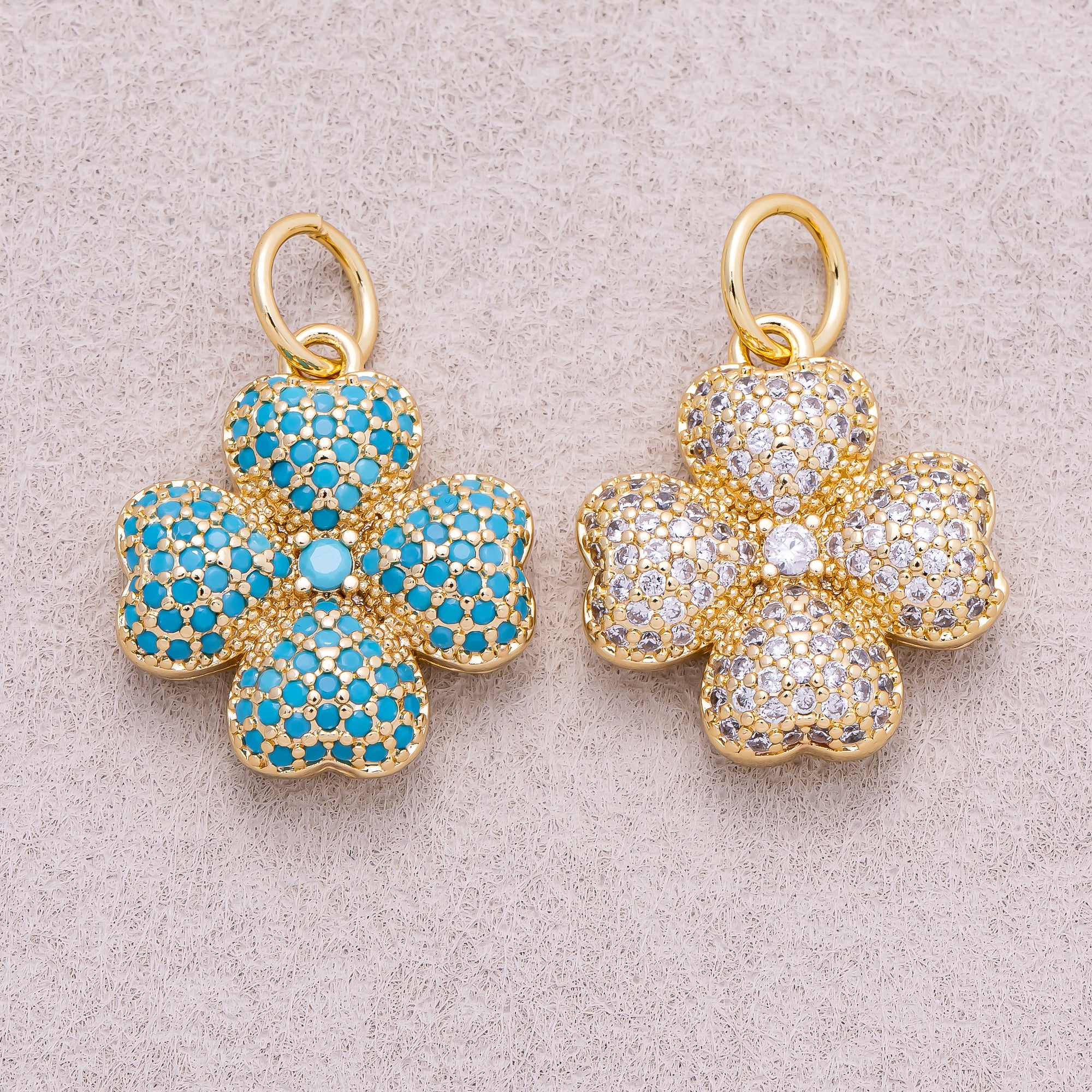 16K Gold Plated Turquoise and Clear Micro Paved CZ Leaf Clover Lucky Charm - Sold Each