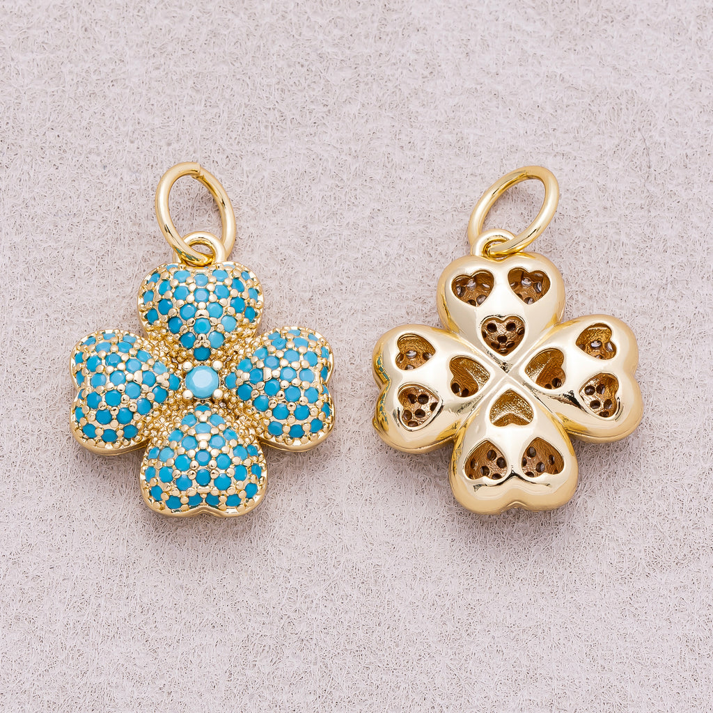 16K Gold Plated Turquoise and Clear Micro Paved CZ Leaf Clover Lucky Charm - Sold Each