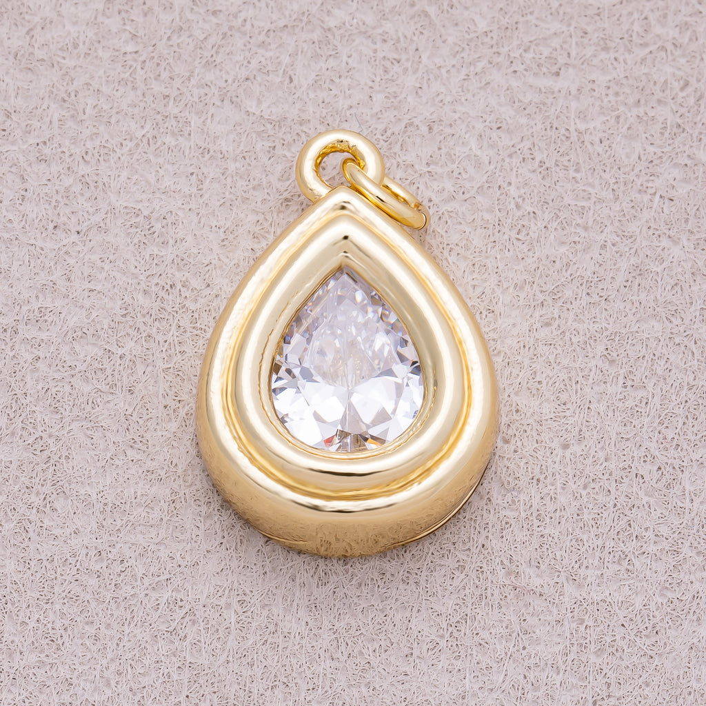 16K Gold Plated Clear CZ Teardrop Bezel Charm - Sold Each