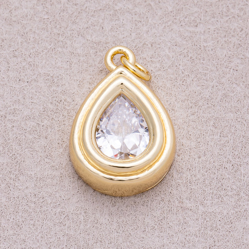 16K Gold Plated Clear CZ Teardrop Bezel Charm - Sold Each