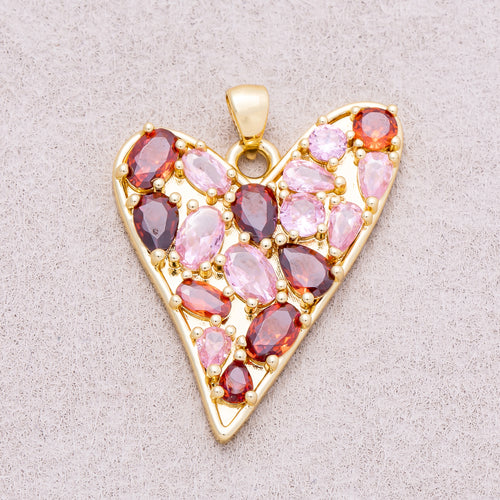 16K Gold Plated Colorful Multi Cut CZ Asymmetric Heart Pendant - Sold Each