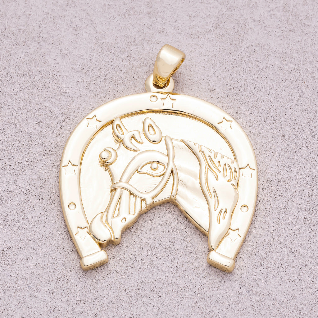 16K Gold Plated Lucky Horseshoe Medallion Horse Pendant - Sold Each