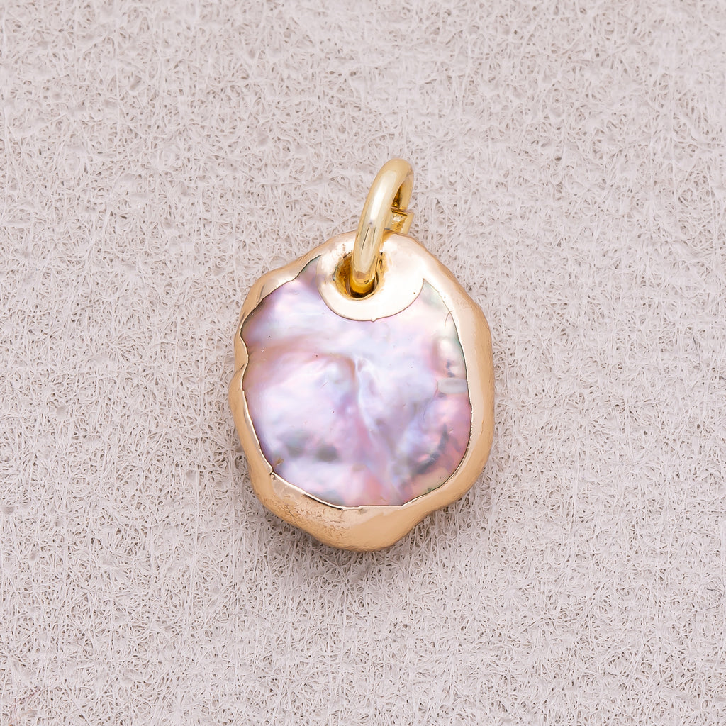 18K Gold Plated Baroque Freshwater Pearl Hammered Asymmetric Round Charm - Sold Each