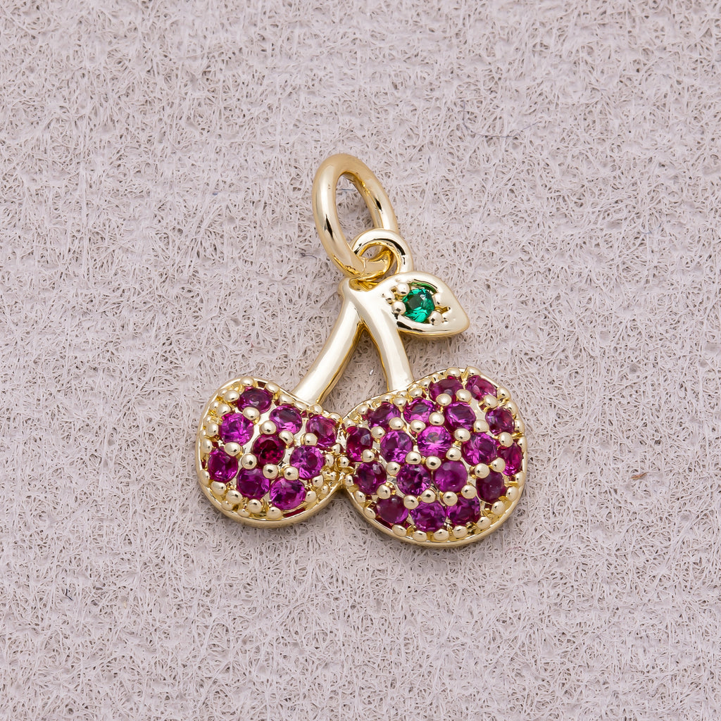 16K Gold Plated Micro Paved CZ Purple Sweet Cherry Fruit Charm - Sold Each