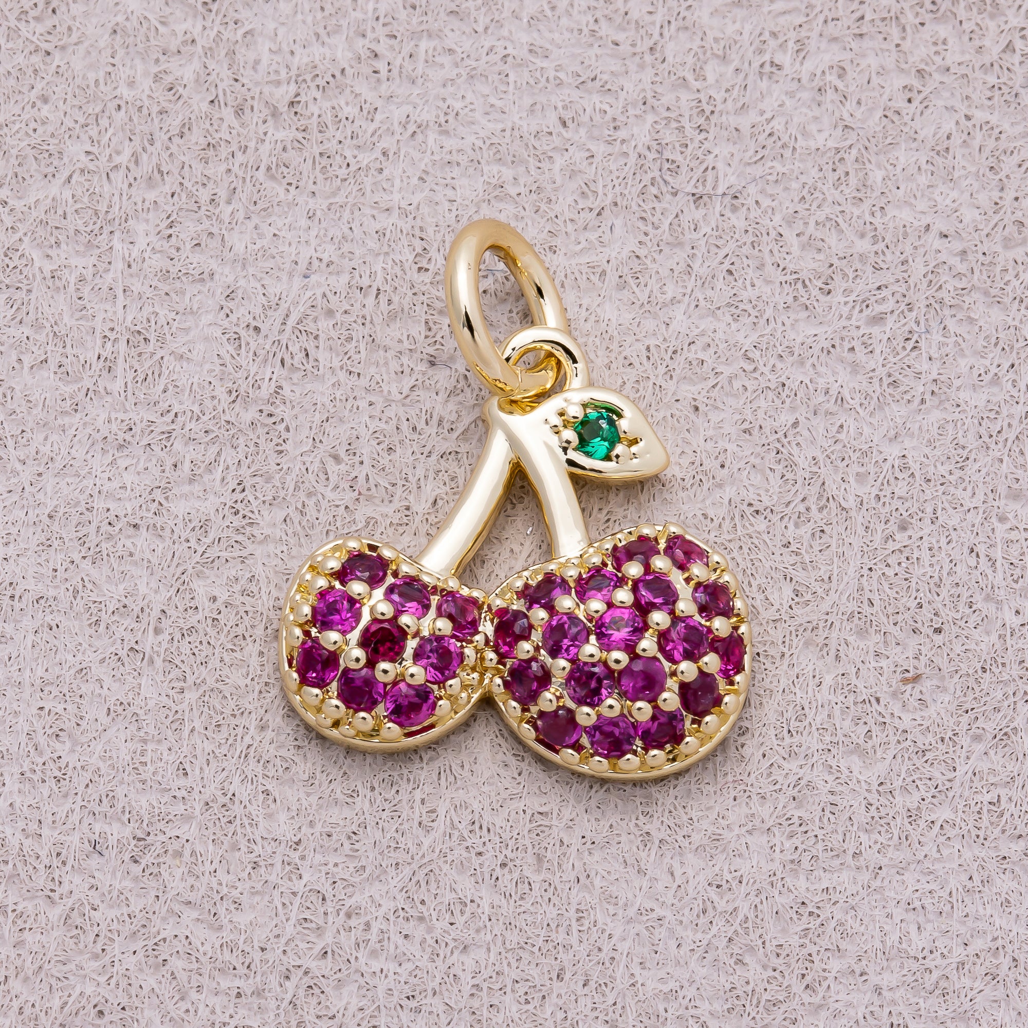 16K Gold Plated Micro Paved CZ Purple Sweet Cherry Fruit Charm - Sold Each