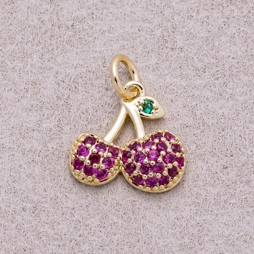 16K Gold Plated Micro Paved CZ Purple Sweet Cherry Fruit Charm - Sold Each