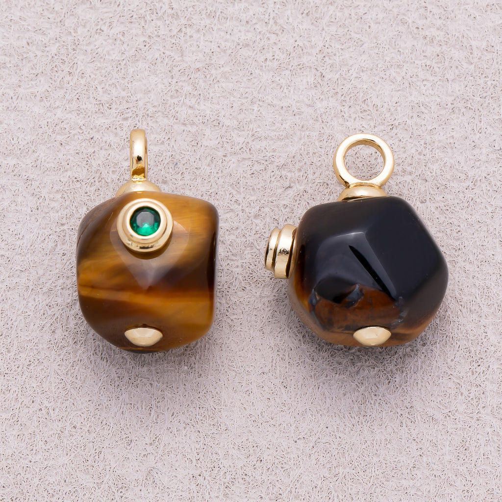 16K Gold Plated Green CZ Tiger Eye Natural Gemstone Asymmetric Mini Charm - Sold Each