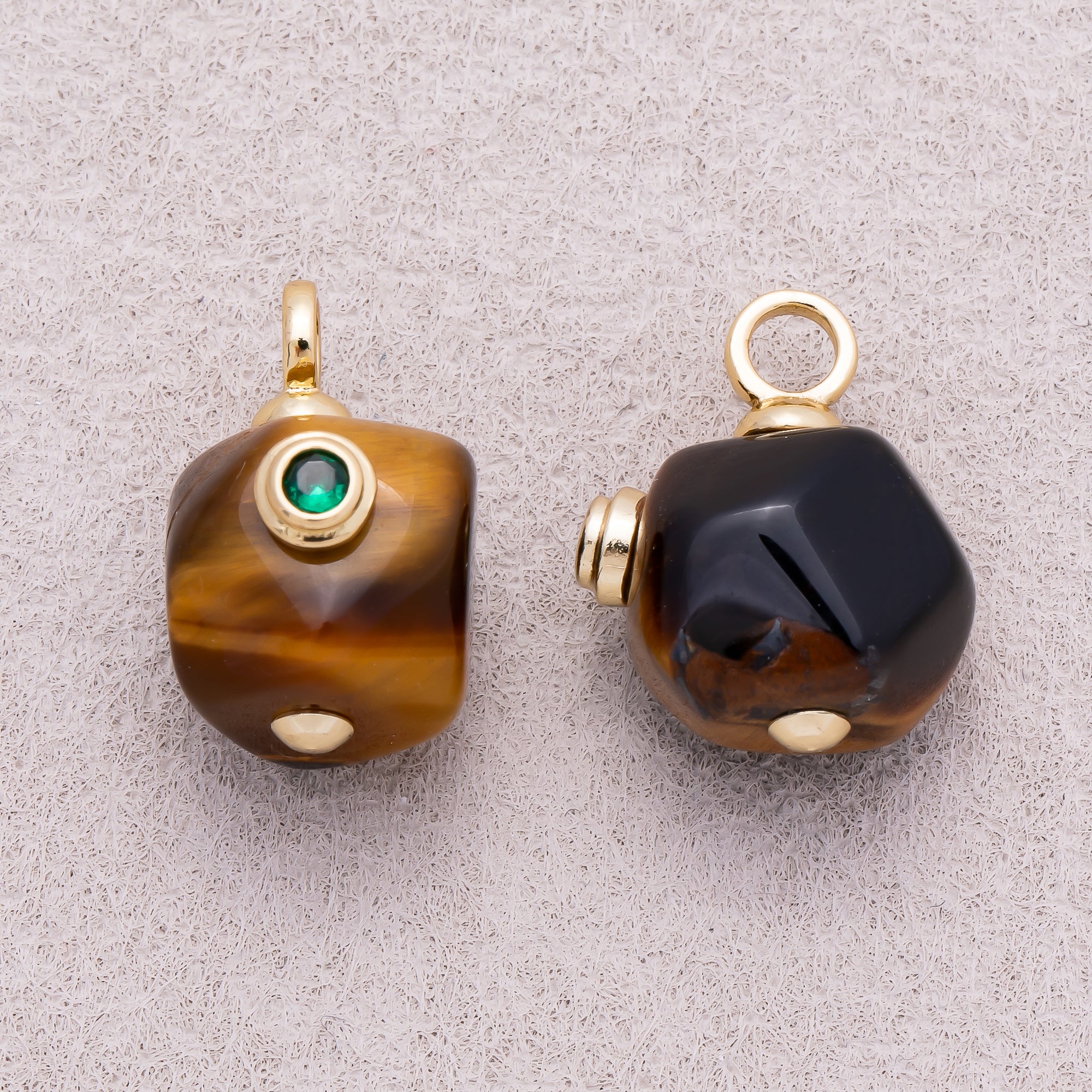 16K Gold Plated Green CZ Tiger Eye Natural Gemstone Asymmetric Mini Charm - Sold Each