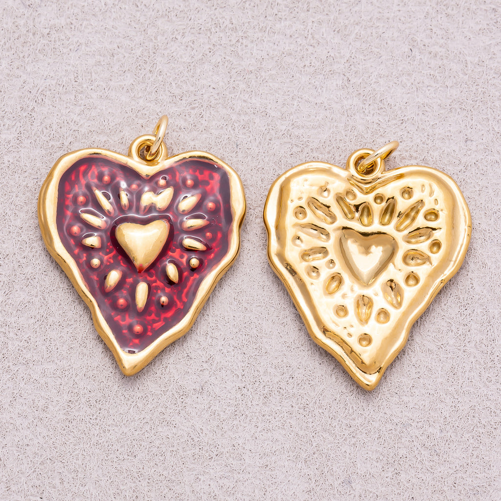 Gold PVD Stainless Steel Red Enamel Shining Heart Charm