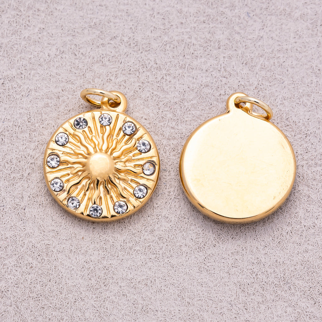 Gold PVD Stainless Steel Clear CZ Celestial Sunburst Medallion Charm