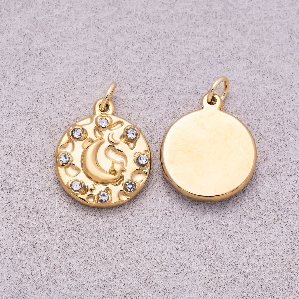 Gold PVD Stainless Steel Hammered Celestial Moon Medallion Charm