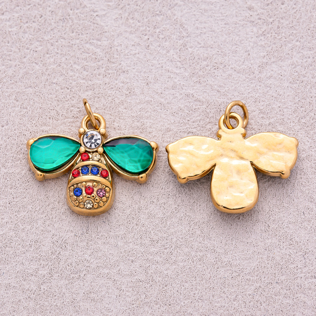 Gold PVD Stainless Steel Emerald CZ Bumble Bee Insect Charm