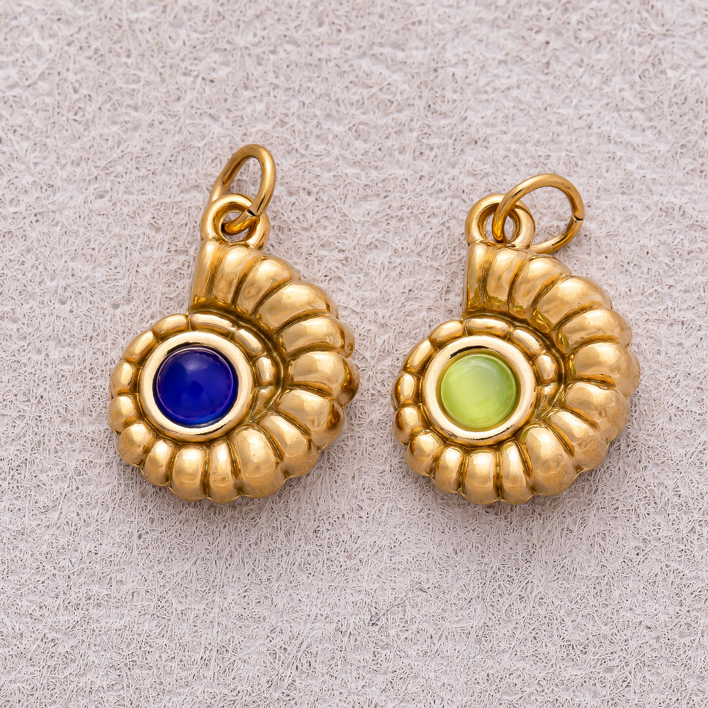 Gold PVD Stainless Steel Sapphire & Olive Natural Gemstone Ocean Conch Shell Charm