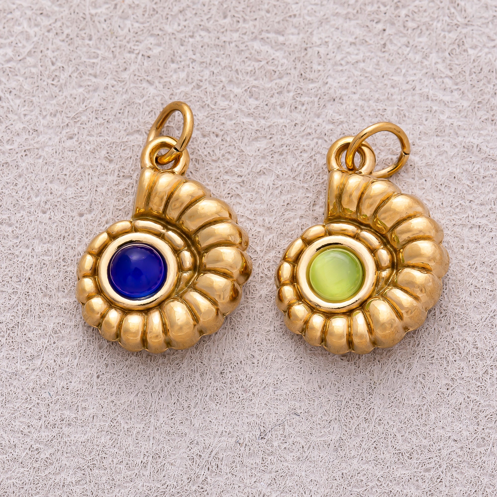 Gold PVD Stainless Steel Sapphire & Olive Natural Gemstone Ocean Conch Shell Charm