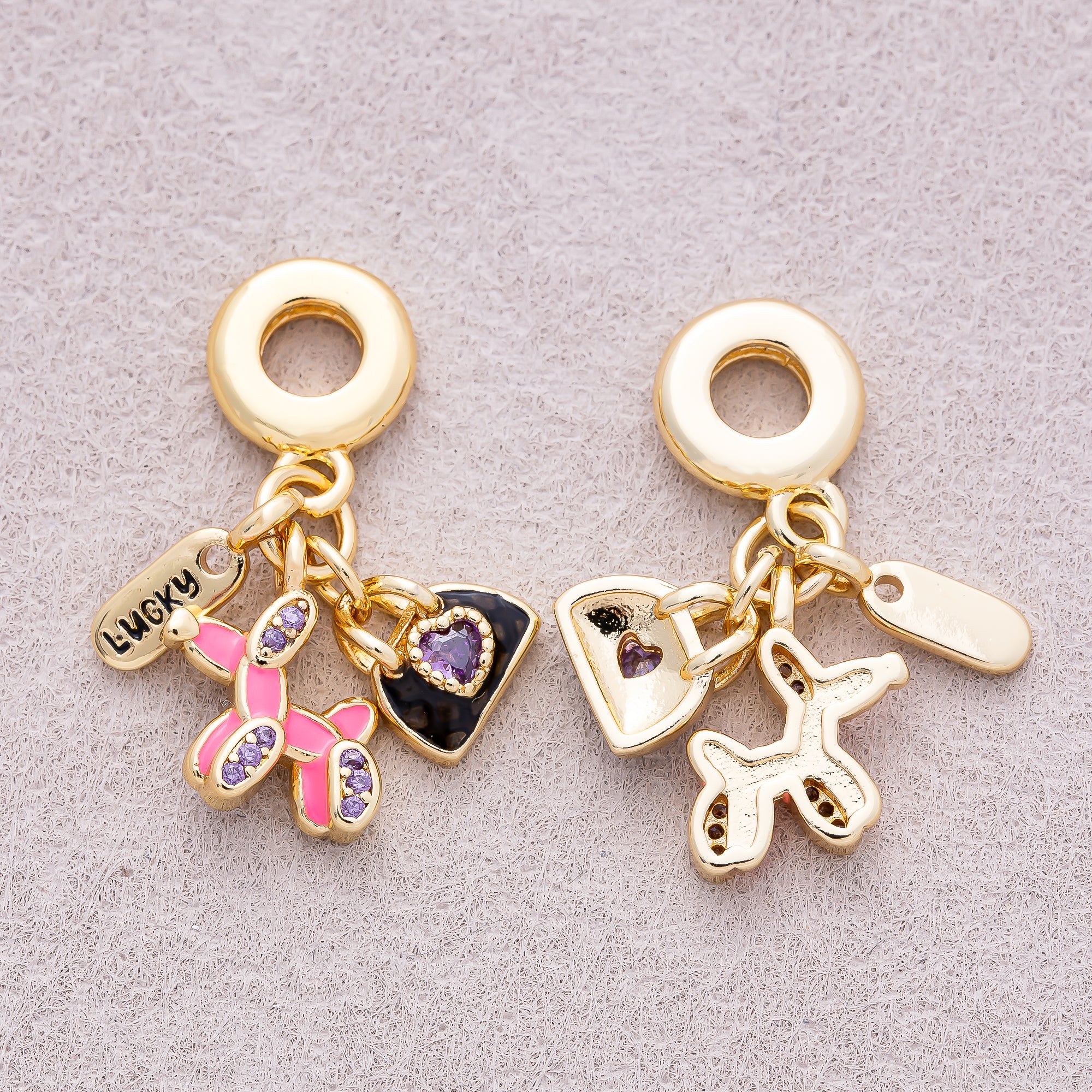 16K Gold Plated Multi-Dangle Dog, Handbag, and Lucky Tag Pendant - Sold Each