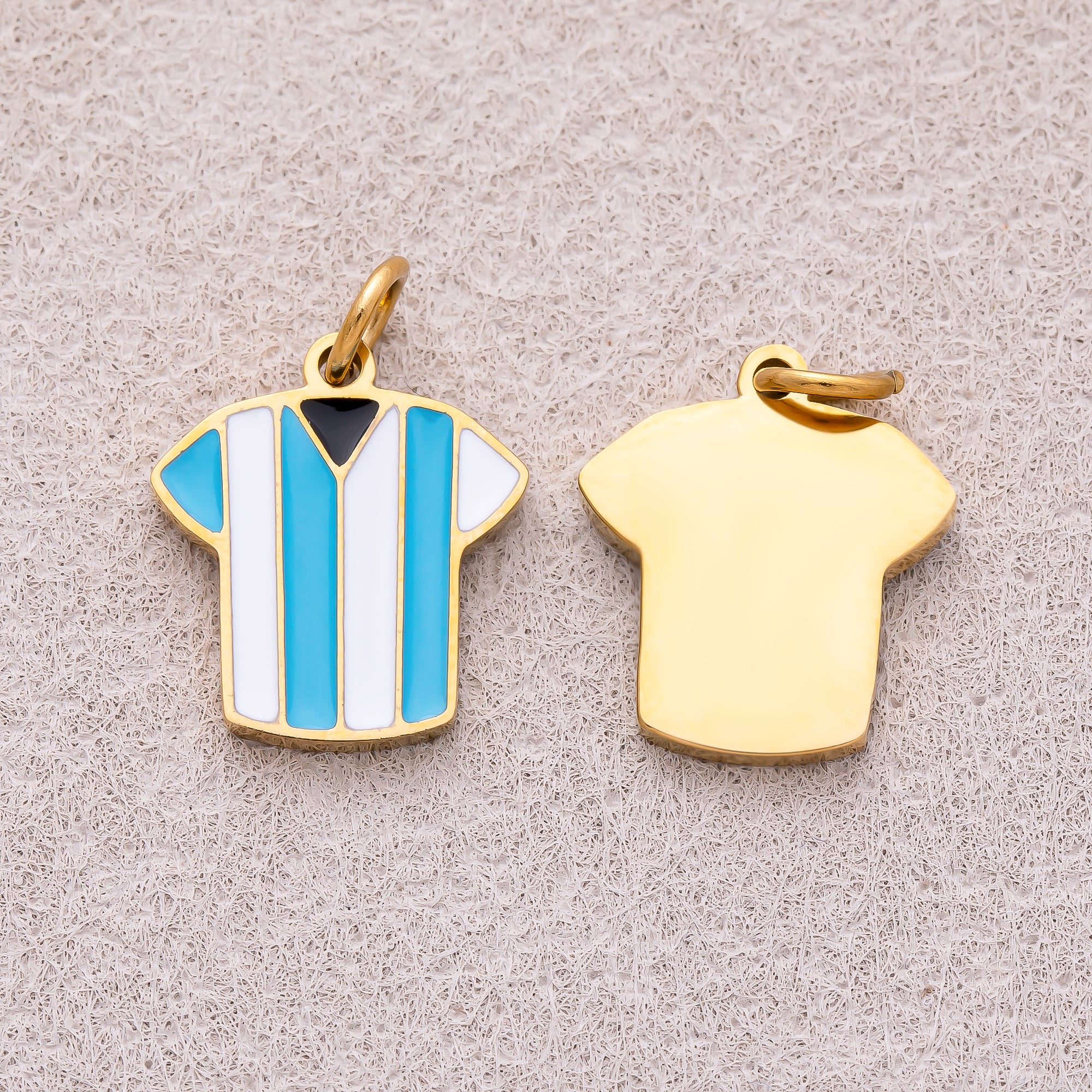 Gold PVD Stainless Steel Blue & White Enamel Soccer Jersey Sport Charm
