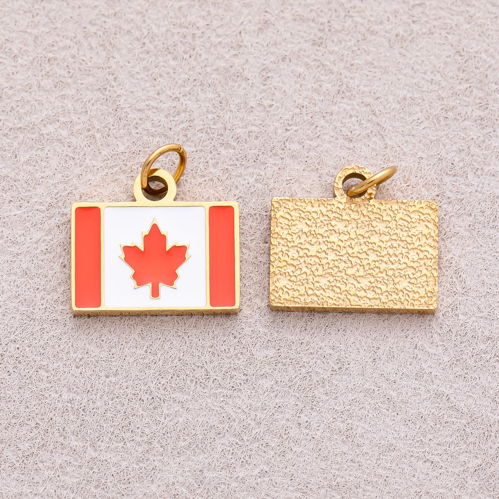 Gold PVD Stainless Steel Red & White Enamel Tag Canada Flag Charm