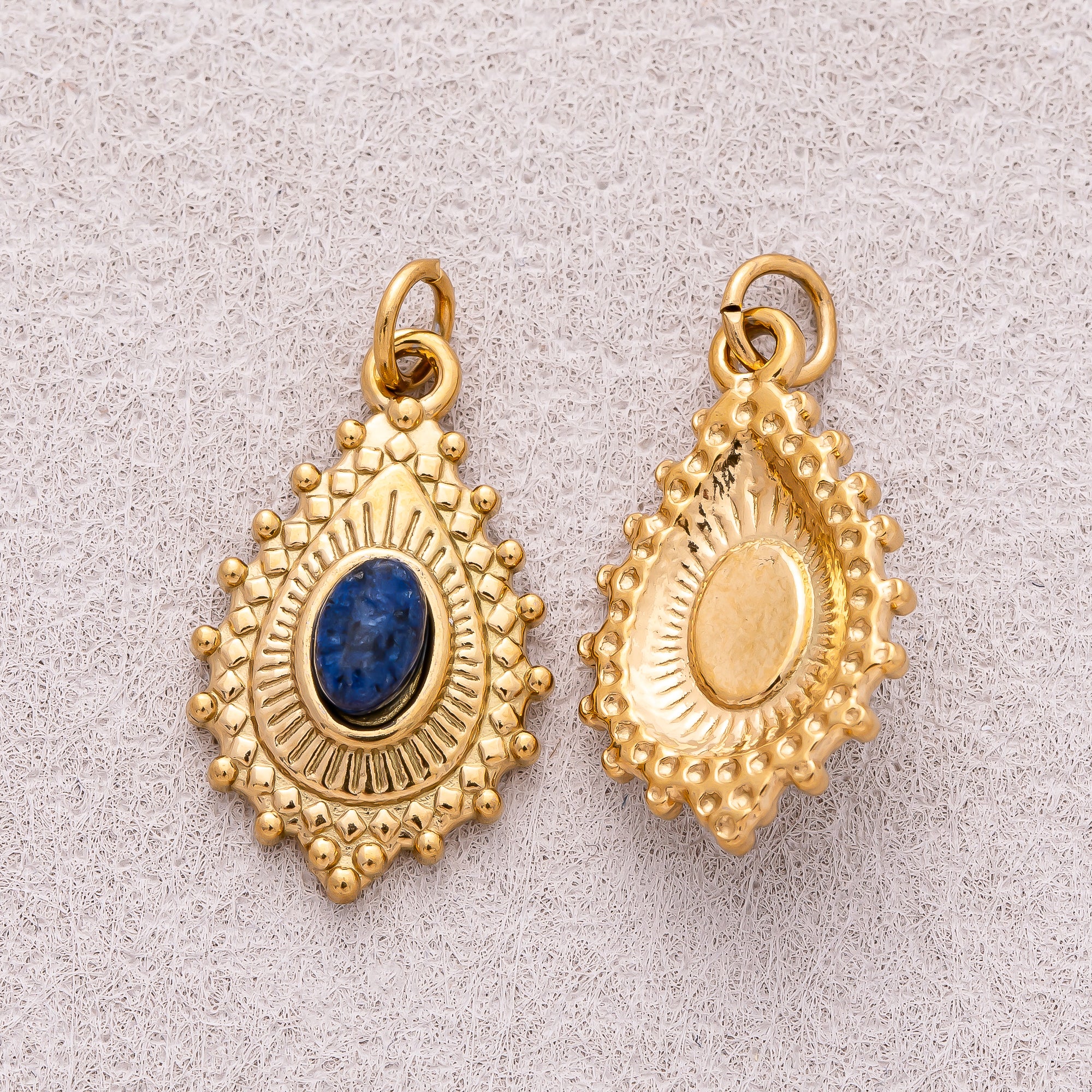 Gold PVD Stainless Steel Sapphire & Olive Oval Vintage Teardrop Sunrays Natural Gemstone Charm