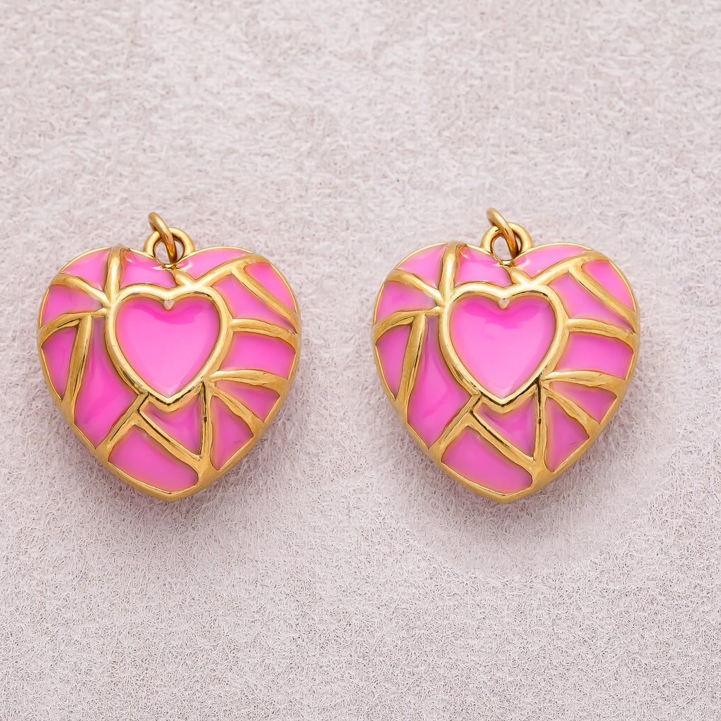 Gold PVD Stainless Steel Pink Mosaic Enamel Puffy Heart Charm