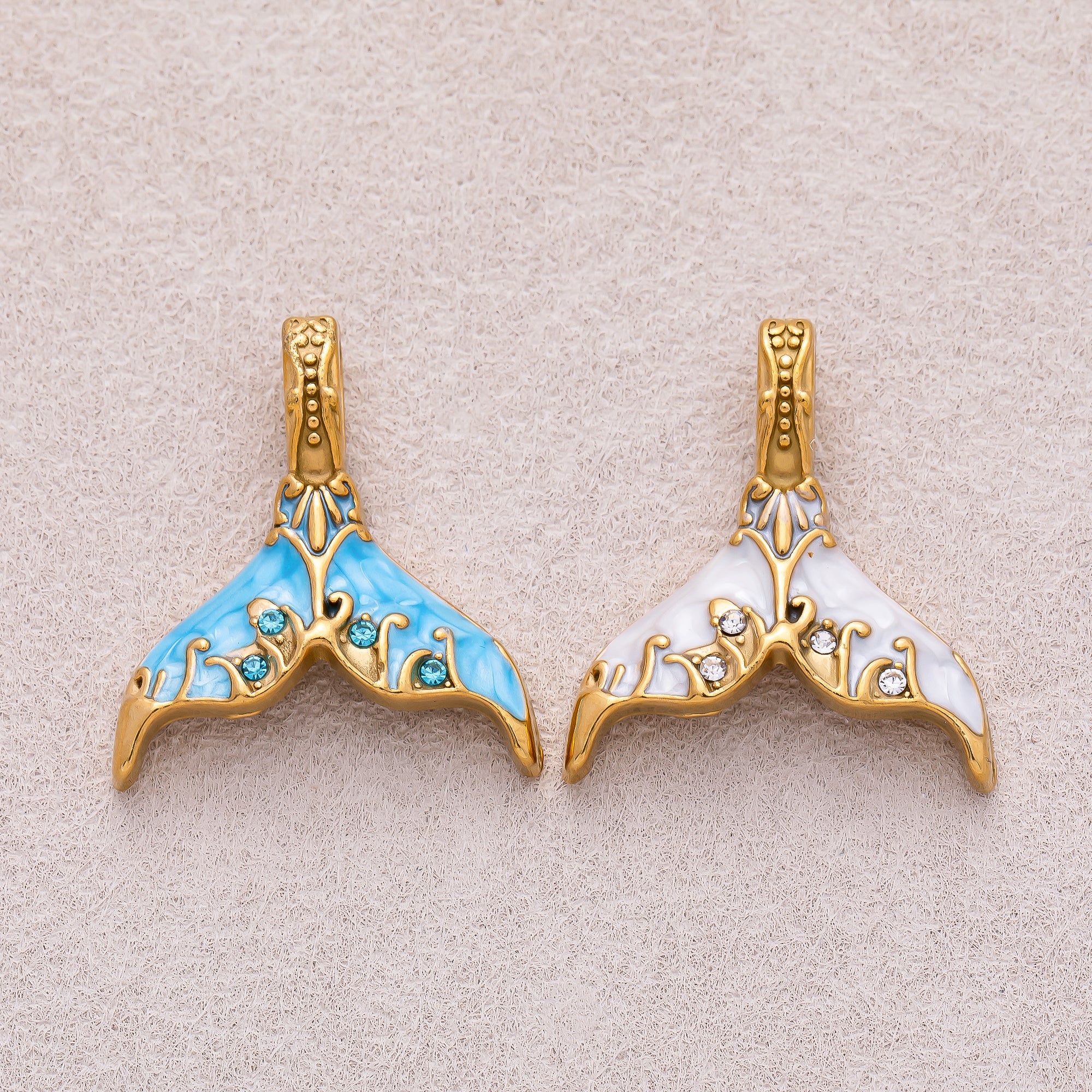 Gold PVD Stainless Steel Clear CZ Blue and White Mother of Pearl Mermaid Tail Fish Charm