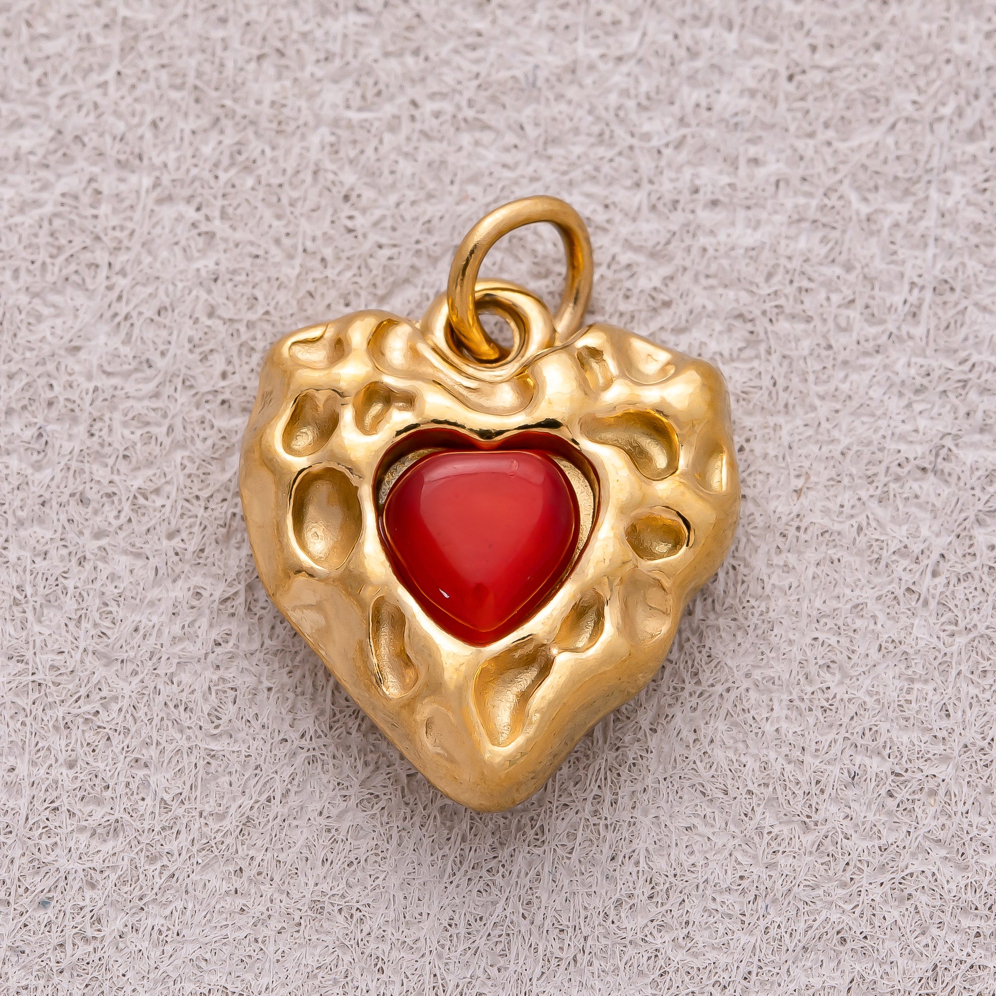 Gold PVD Stainless Steel Red Garnet Natural Gemstone Vintage Heart Charm