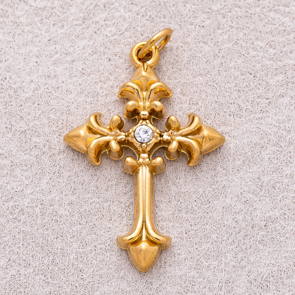 Gold PVD Stainless Steel Clear CZ Vintage Religious Cross Charm