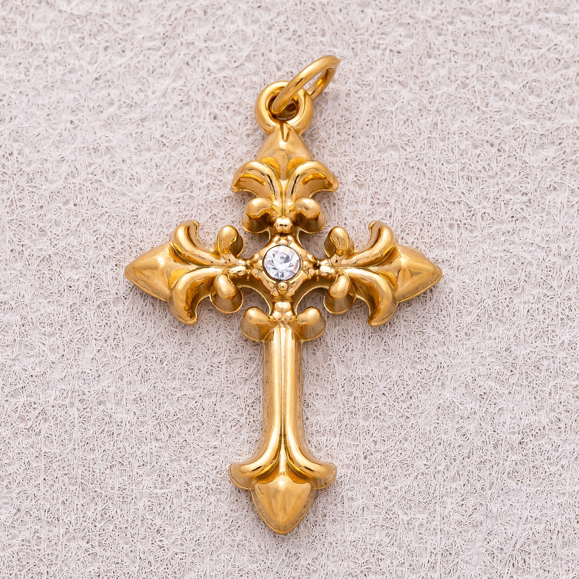 Gold PVD Stainless Steel Clear CZ Vintage Religious Cross Charm