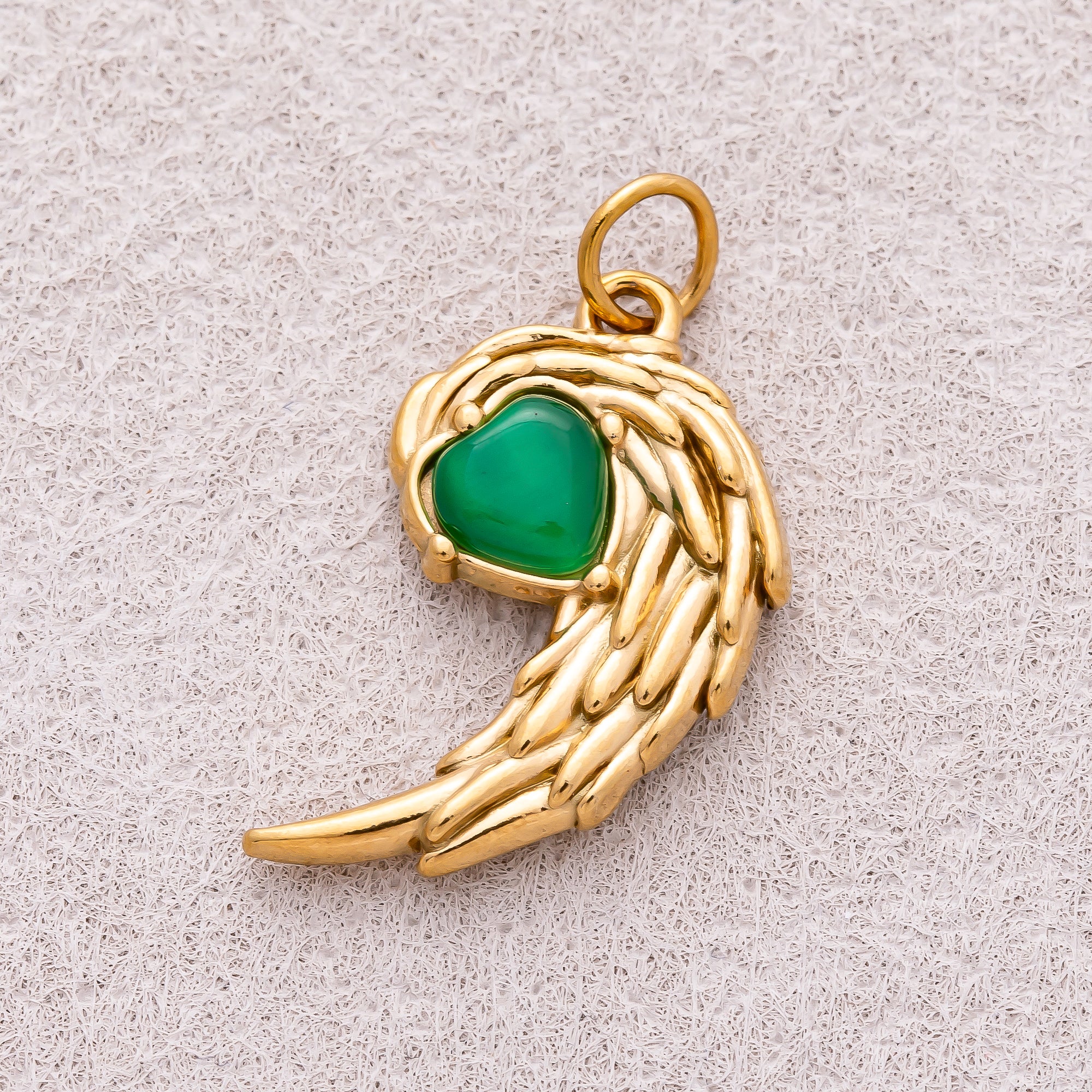 Gold PVD Stainless Steel Emerald Green Half Wings Heart Charm