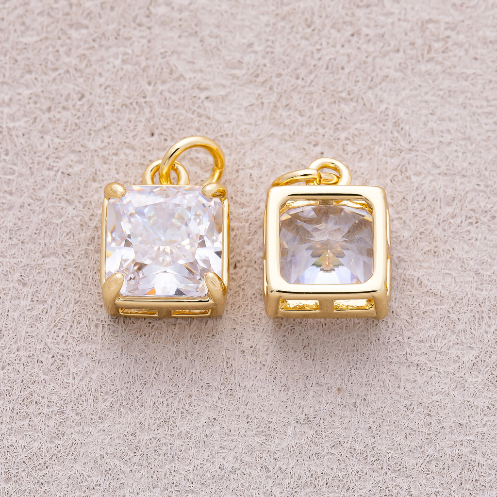 16K Gold Plated Clear CZ Square Charm - Sold Each