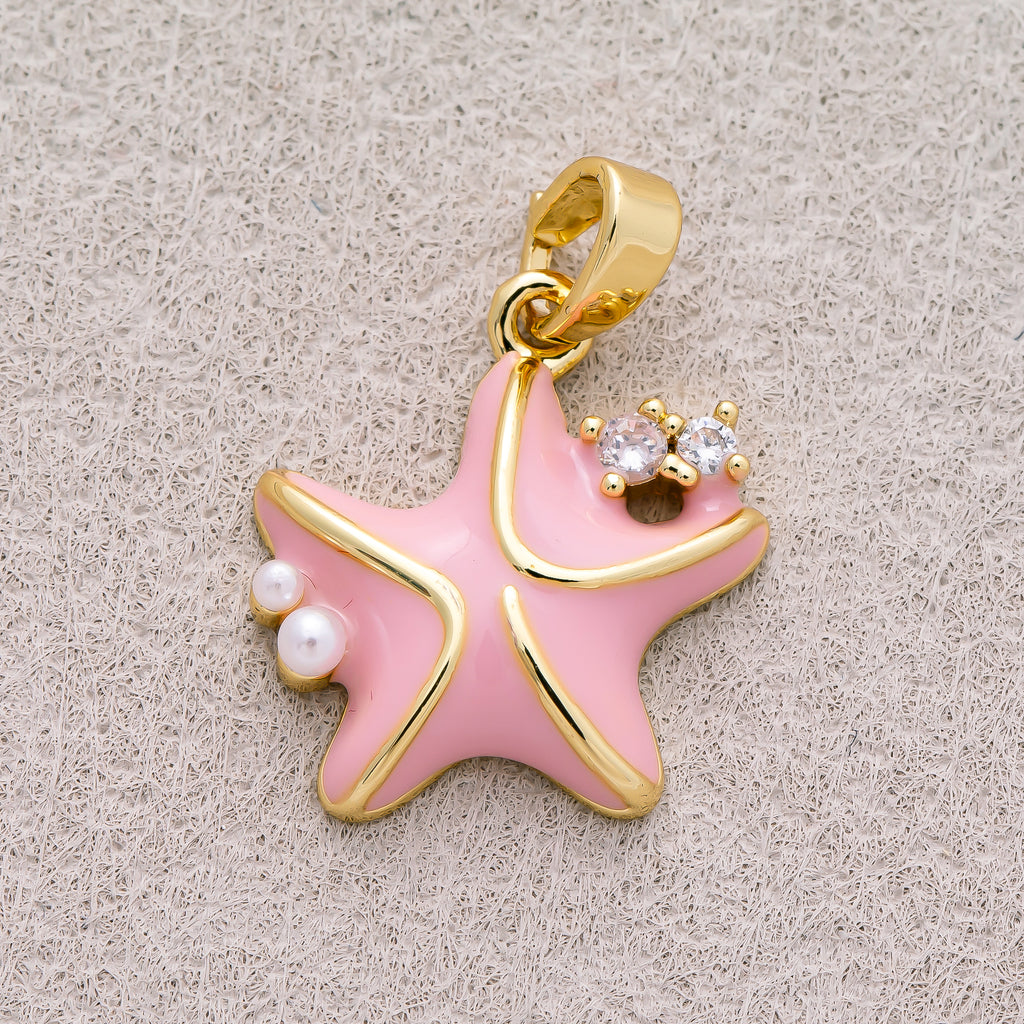16K Gold Plated Shell Pearl Clear CZ Pink Starfish Ocean Charm - Sold Each
