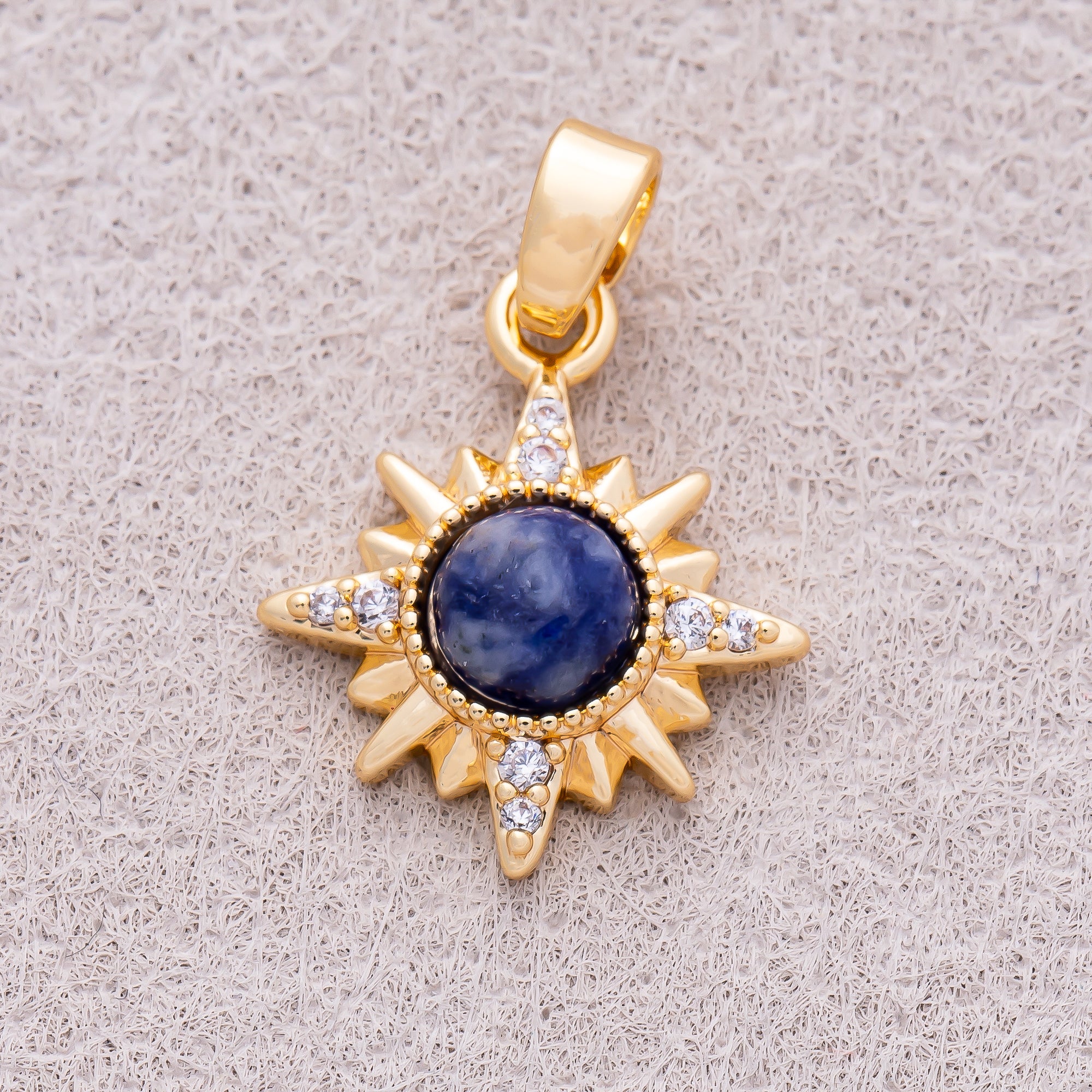16K Gold Plated Clear CZ Blue Lapis Lazuli Gemstone Celestial Star Sun Pendant - Sold Each
