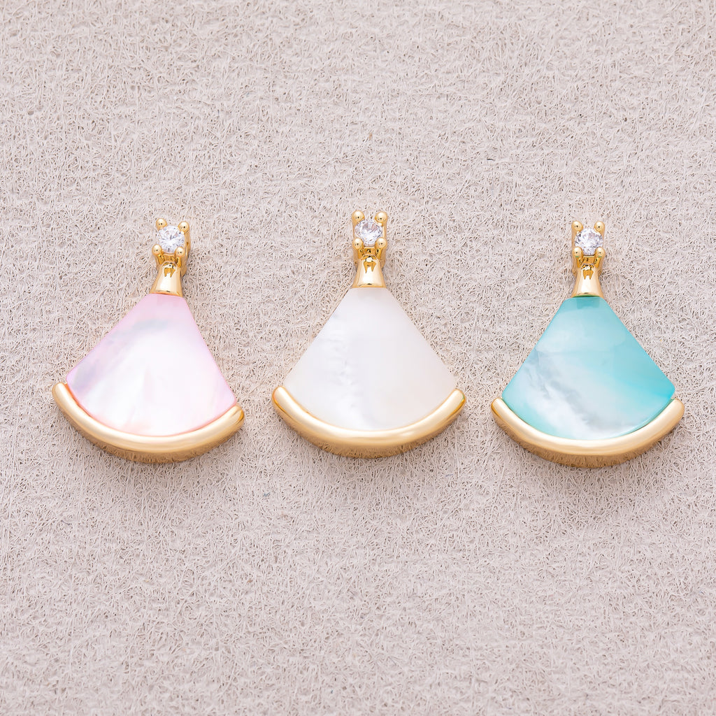 16K Gold Plated Pink, White, Light Blue Shell Pearl CZ Fan Pendant - Sold Each