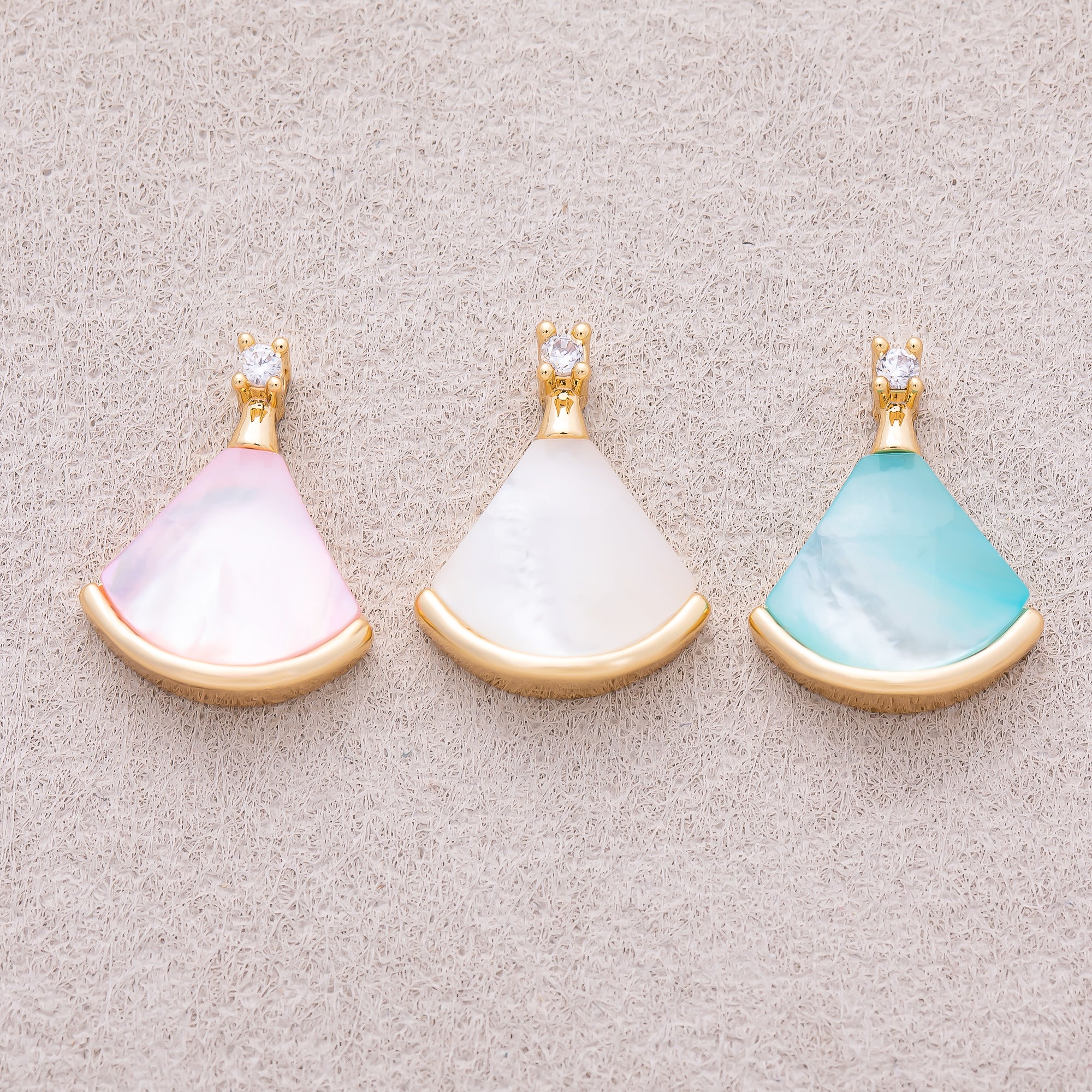 16K Gold Plated Pink, White, Light Blue Shell Pearl CZ Fan Pendant - Sold Each