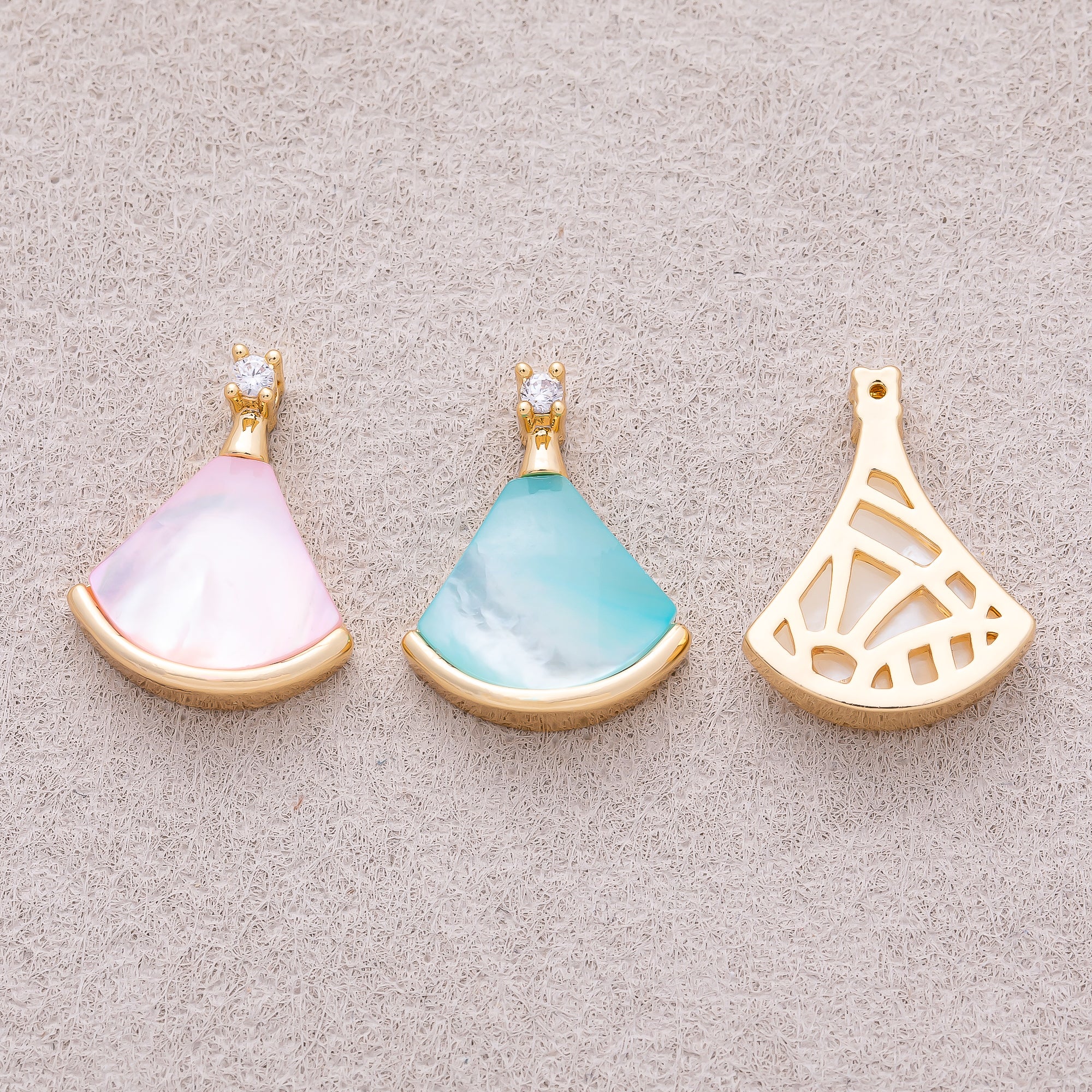 16K Gold Plated Pink, White, Light Blue Shell Pearl CZ Fan Pendant - Sold Each