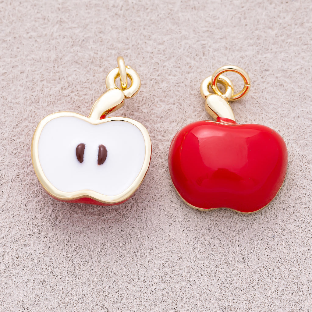16K Gold Plated Red Enamel Half Slice Apple Fruit Charm - Sold Each