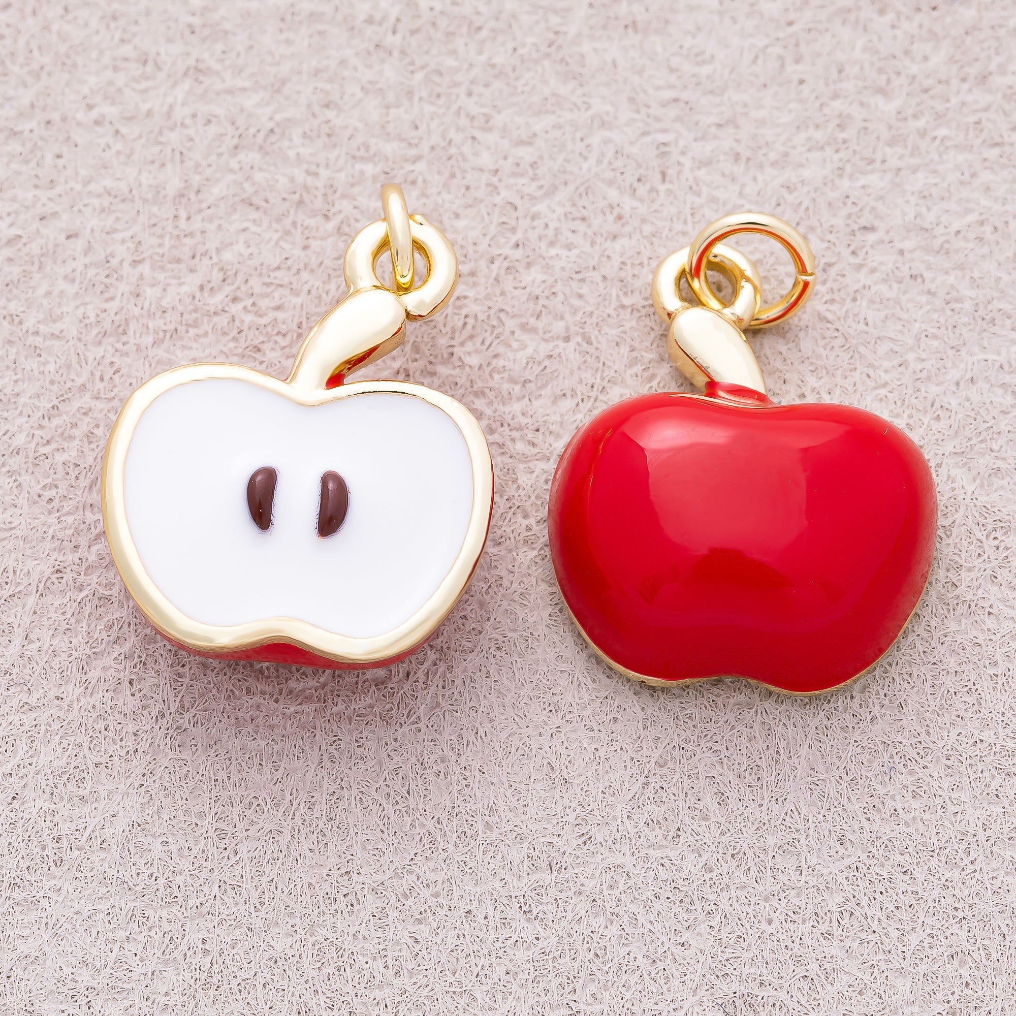16K Gold Plated Red Enamel Half Slice Apple Fruit Charm - Sold Each