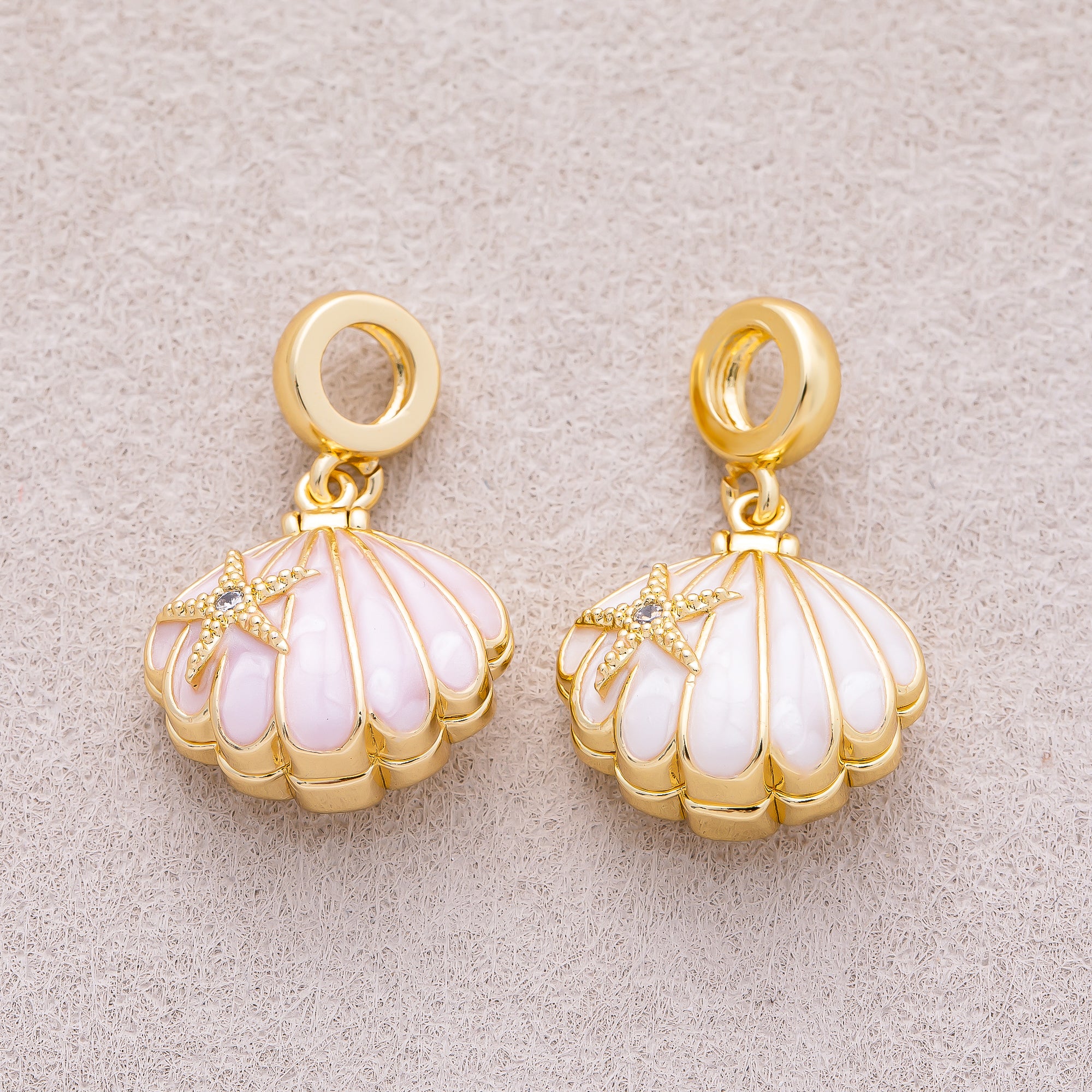 16K Gold Plated White, Pink Enamel Seashell Ocean Multidimensional Pendant - Sold Each