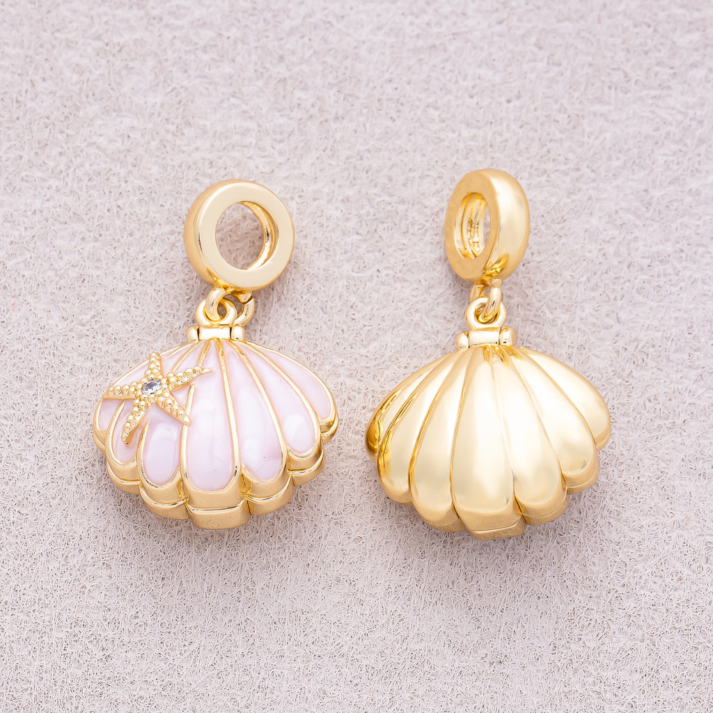 16K Gold Plated White, Pink Enamel Seashell Ocean Multidimensional Pendant - Sold Each