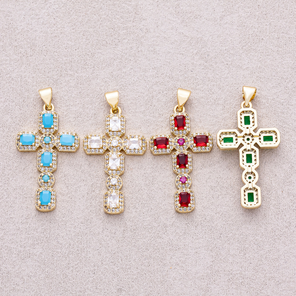 16K Gold Plated Micro Paved CZ Baguette Religious Cross Pendant - Sold Each